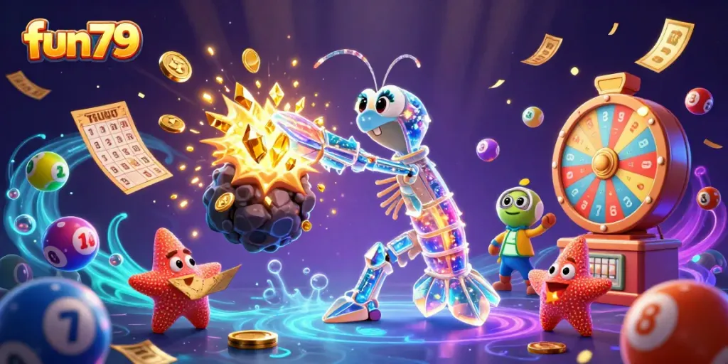 Engage with fun79 through a dynamic lottery-themed illustration featuring lively gaming elements.