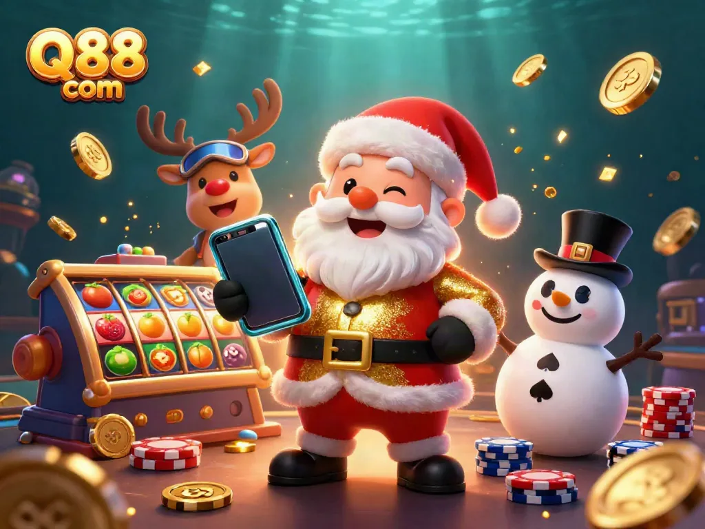 Join the excitement at Q88 com with Santa and friends in a colorful jackpot slots scene.
