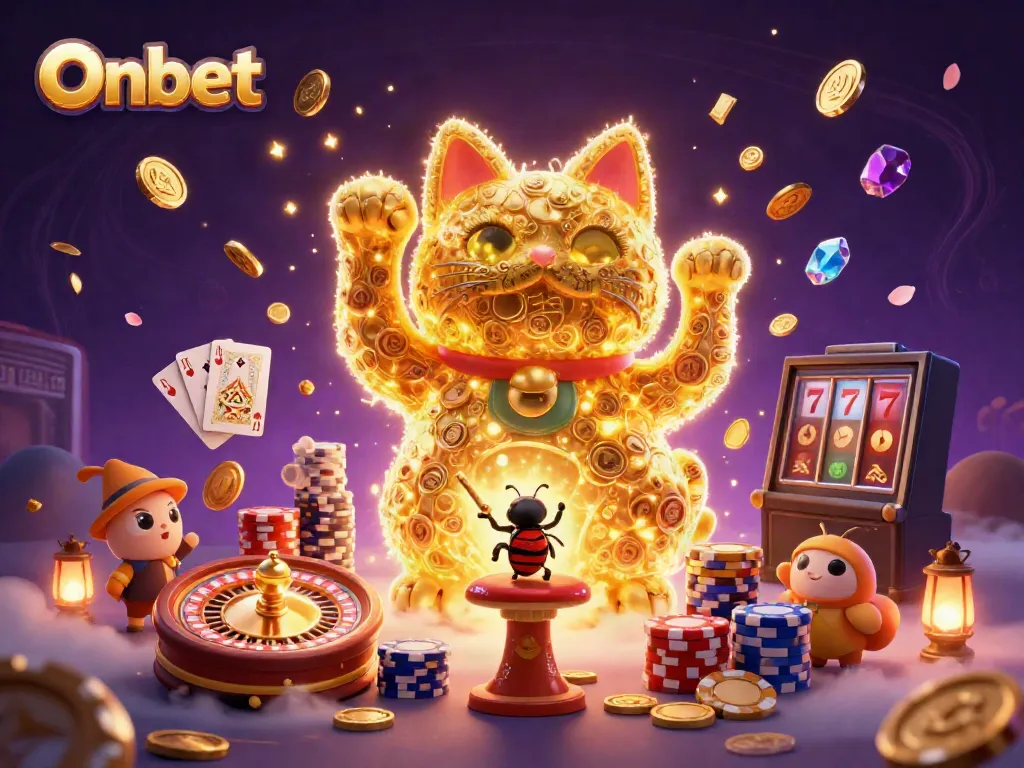 Experience the thrill of gambling at Onbet with a vibrant 3D illustration of a lucky cat, cards, and coins.