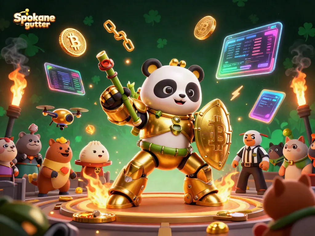 Engage with the Spokane gutter arena featuring a golden panda mech fighting, amidst gambling elements like crypto coins.