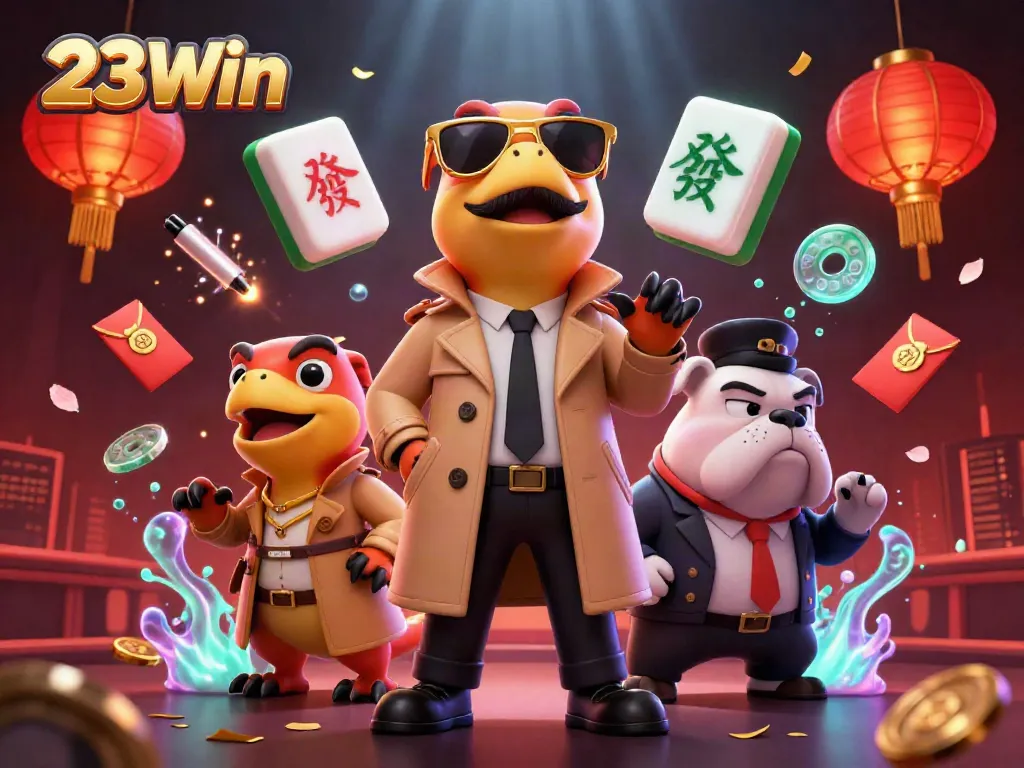 Engaging scene with three raptors dressed in a trench coat attempting to enter a VIP lounge at 23Win casino, surrounded by festive gambling elements.