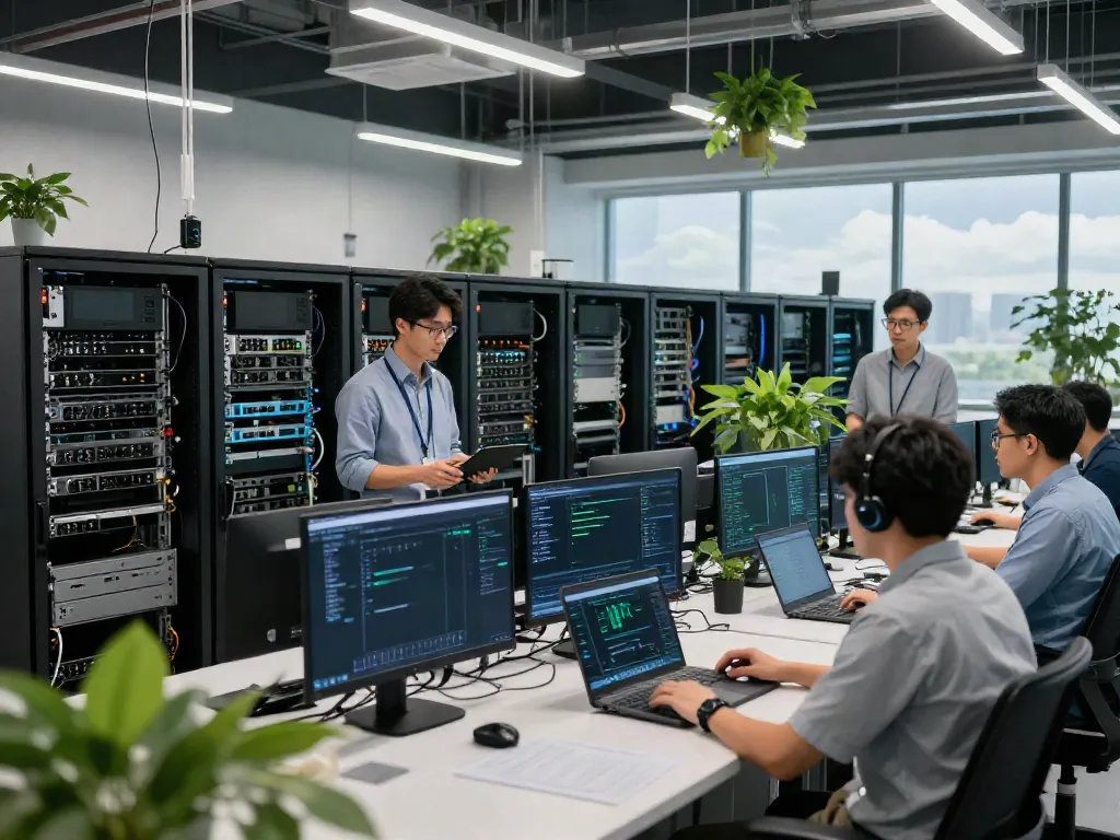 Engineers in a modern tech facility discussing what are AI tokens while analyzing AI processing data on screens.