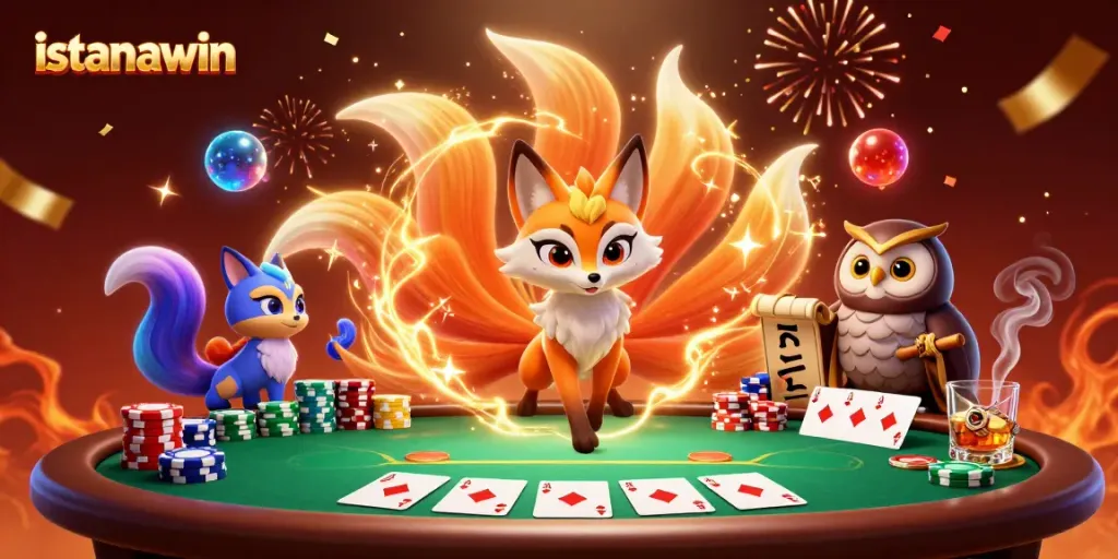 Permainan kartu poker di istanawin dengan karakter unik dan atmosfer yang meriah.
