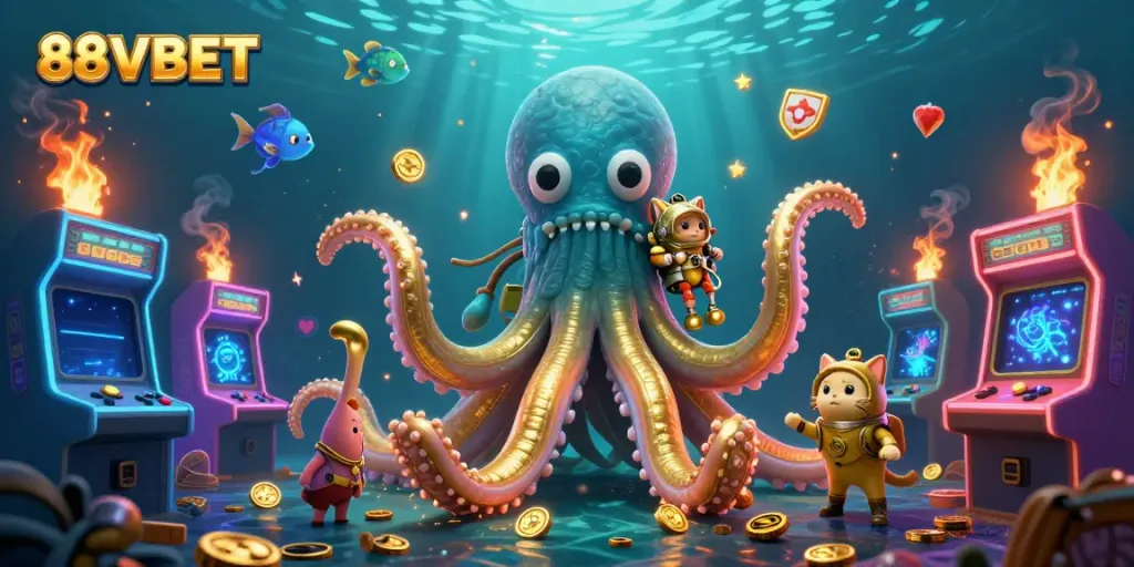 Experience the thrill of gaming with 88VBET featuring a giant kraken and diving cat in a vibrant casino world.