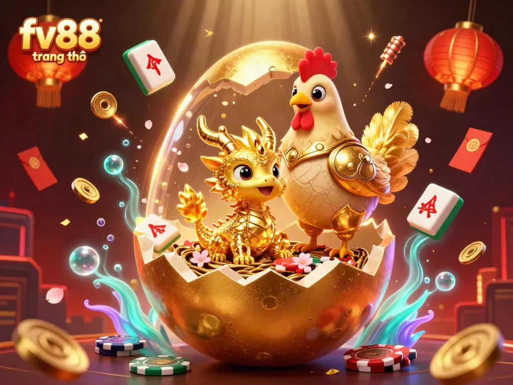 Play immersive games at fv88 trang chủ with a stunning golden dragon and poker chips illustration.
