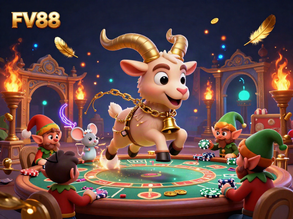 Engage in the vibrant FV88 casino scene, featuring Krampus and playful characters in a dynamic gambling adventure.