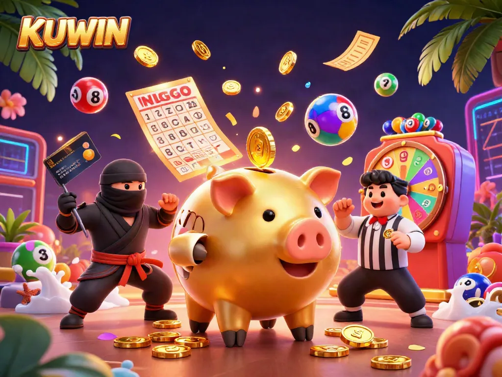 KUWIN's golden piggy bank mascot stomps, showering coins while lottery elements bounce around in a vibrant casino scene.
