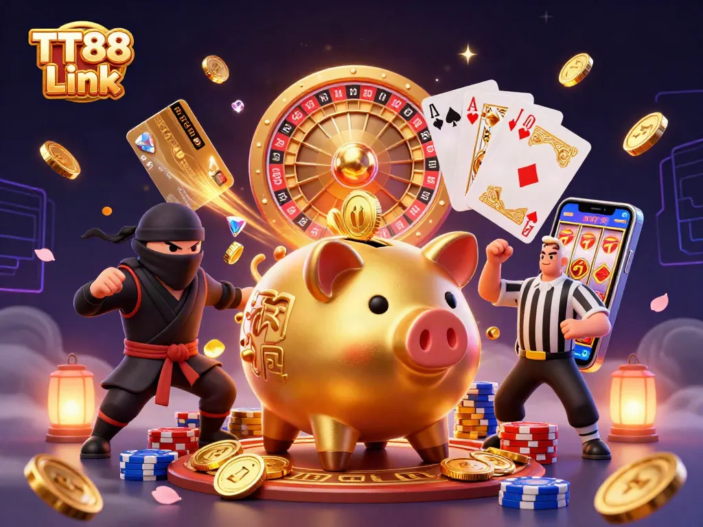 Engage with TT88 Link as the golden piggy bank sumo wrestler stomps amidst dazzling casino elements.