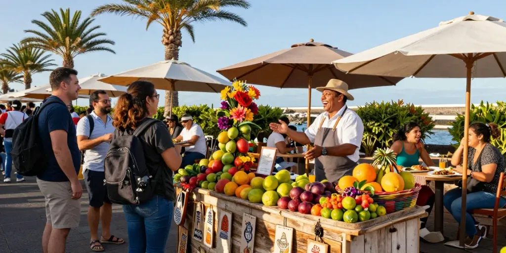 Experience Canarian news at a bustling market in the Canary Islands, showcasing vibrant locals, fresh produce, and cultural interactions.