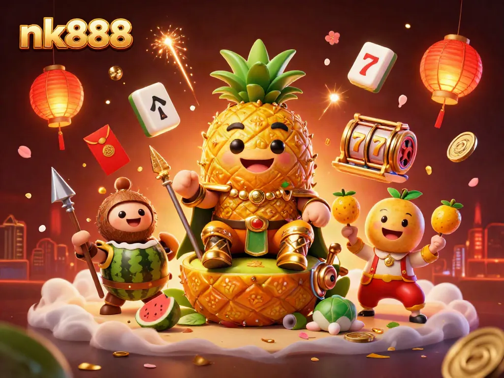Experience vibrant gameplay with nk888 featuring a golden pineapple king and dynamic casino elements.