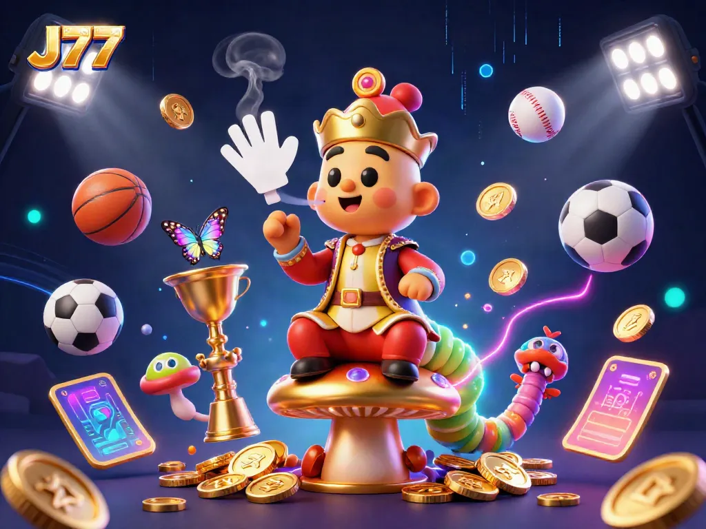 Experience the excitement of J77 with vibrant 3D elements showcasing casino games and sports betting.