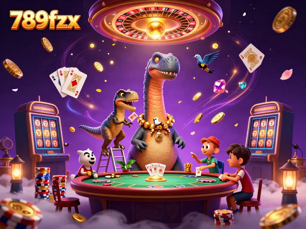 Experience thrilling gaming at 789fzx with a captivating scene featuring a brontosaurus and vibrant casino elements.