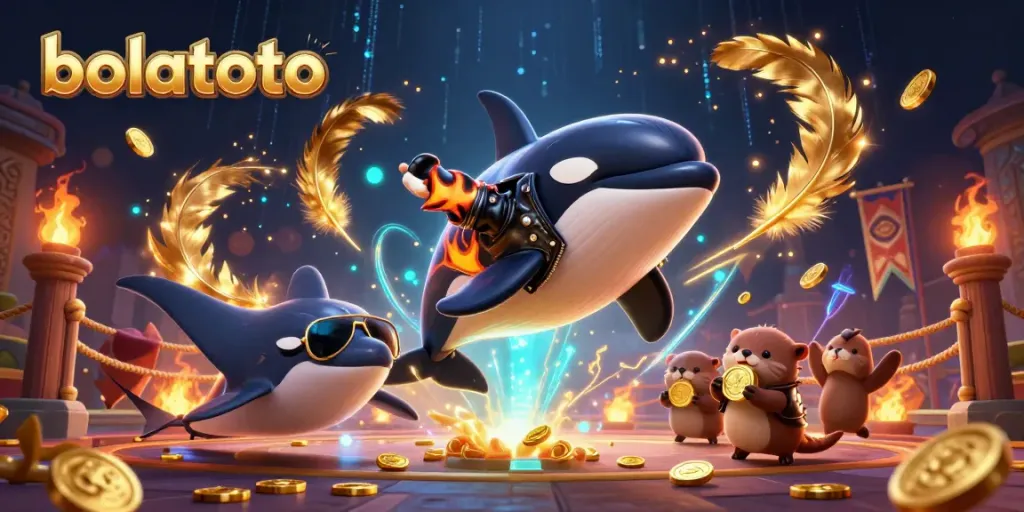 Engage with bolatoto's thrilling gaming experience with a dramatic 3D illustration showcasing sea creatures celebrating with coins.