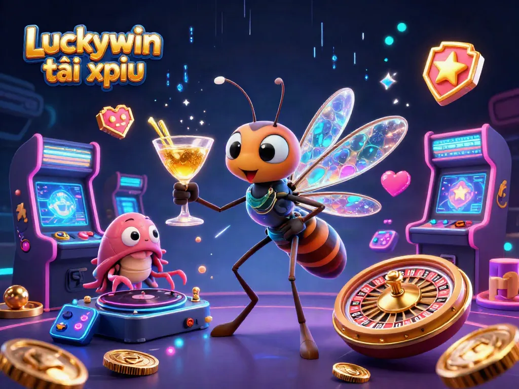 Experience Luckywin tài xỉu with an exciting casino-themed illustration showcasing vibrant game elements.