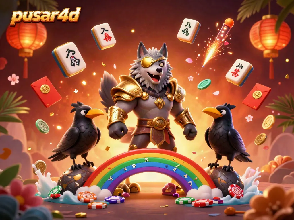 Experience pusar4d with a vibrant scene of mythological characters amidst casino elements.