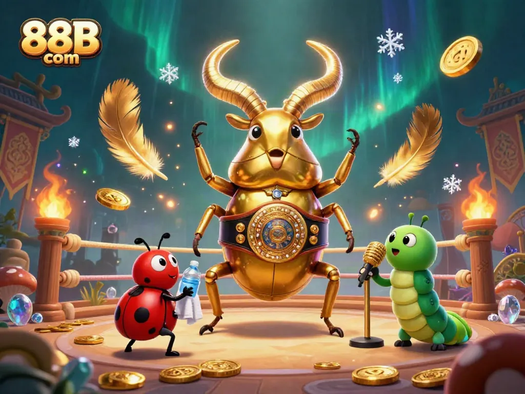 Experience thrilling action at 88B com with a dynamic illustration featuring a golden stag beetle champion.