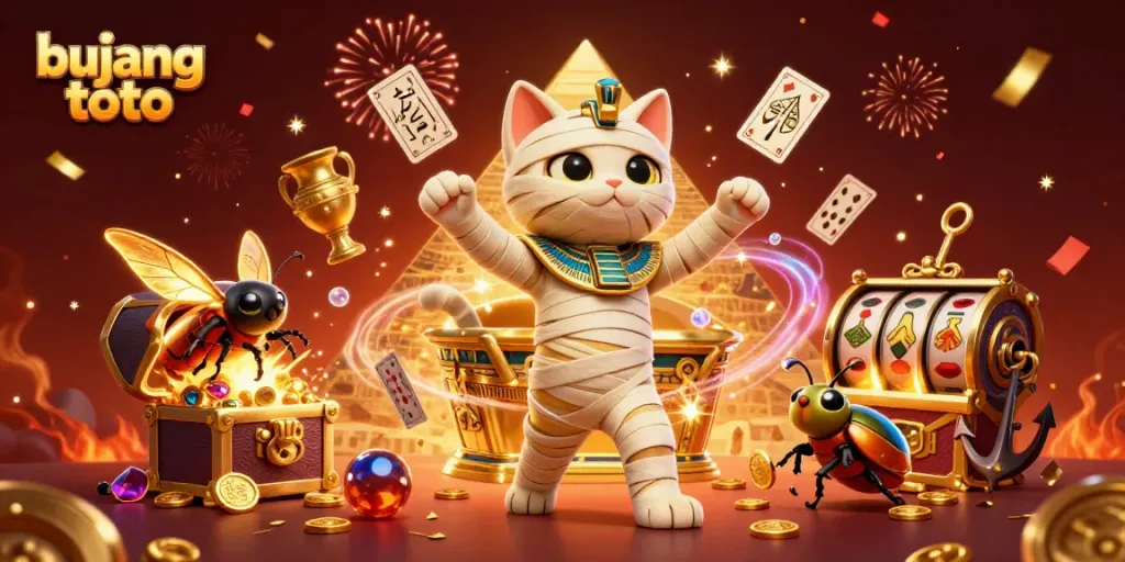 Experience thrilling gameplay with bujang toto, as the Egyptian mummy cat and companions burst from their sarcophagus in a vibrant casino.