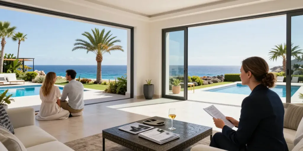 Couple exploring a luxury villa in Tenerife while discussing Cancasa property options.