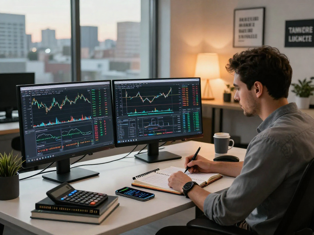 TradingView trader at modern workspace analyzing market data with multiple monitors and notes