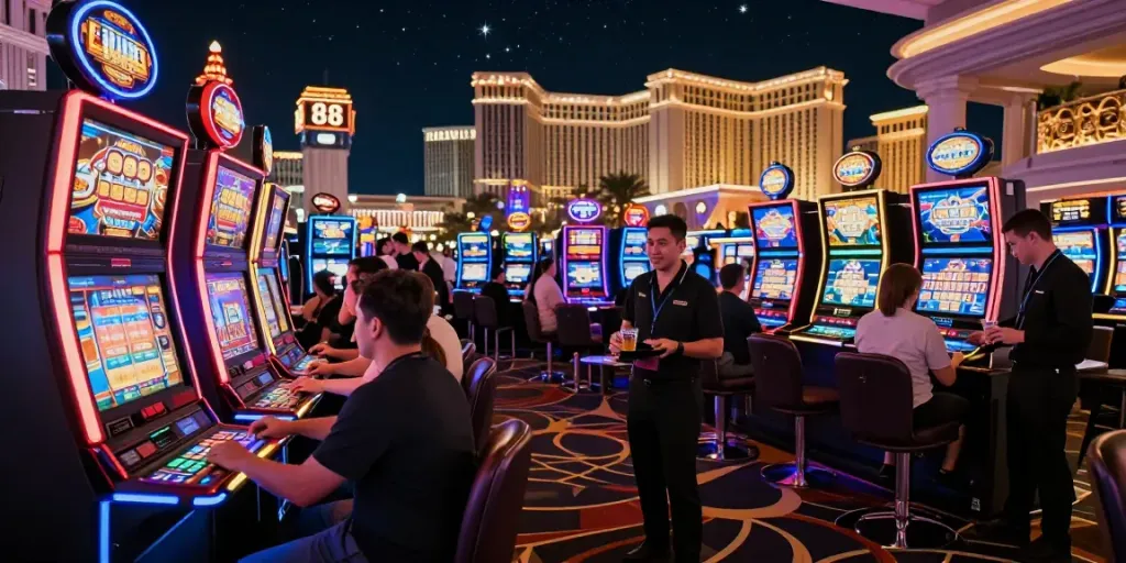 Exciting night scene at a Las Vegas casino highlighting Vegas88's vibrant gaming atmosphere.