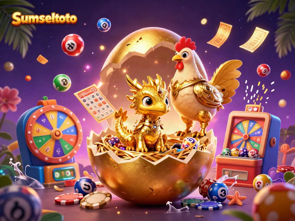 Sumseltoto showcases a lavish gambling scene with a golden dragon and poker chips, festive game elements, and a rich casino atmosphere.