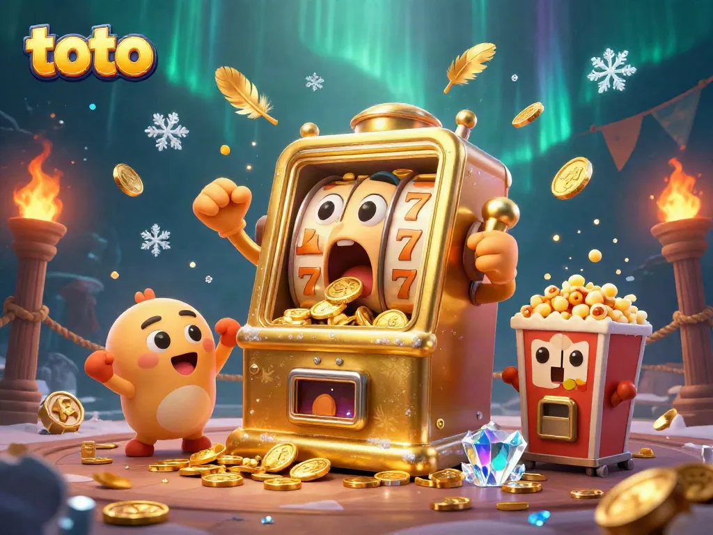 Experience the excitement of playing toto with this vibrant scene featuring a golden slot machine hitting the jackpot and celebrating.
