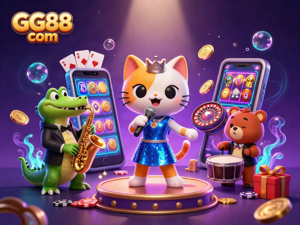 Engage with GG88 com's vibrant casino gaming scene featuring luxury characters and dynamic slot action.