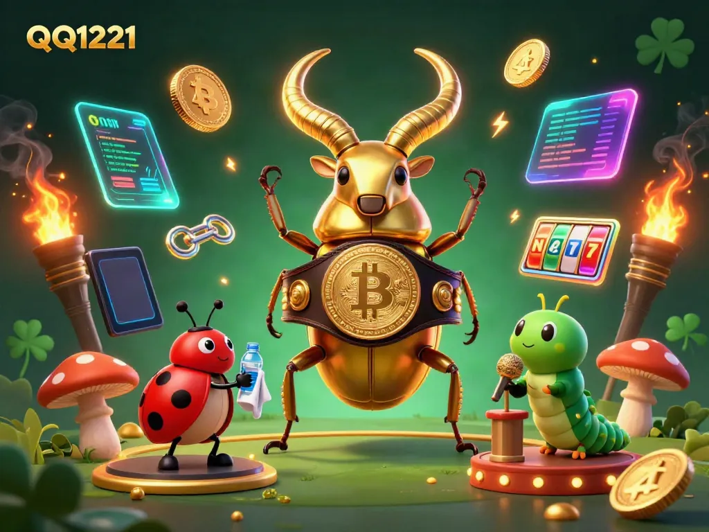 Engage with QQ1221's vibrant casino scene featuring a golden stag beetle in battle amidst glowing crypto coins.