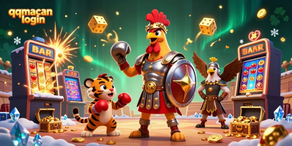 Engage in thrilling qqmacan login gameplay with a gladiator rooster and rich casino elements.