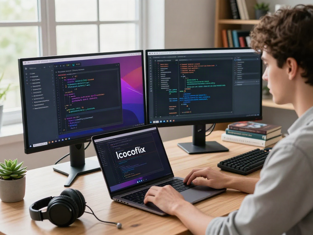 Engineer using the cocoflix app on a laptop in a bright, modern workspace.