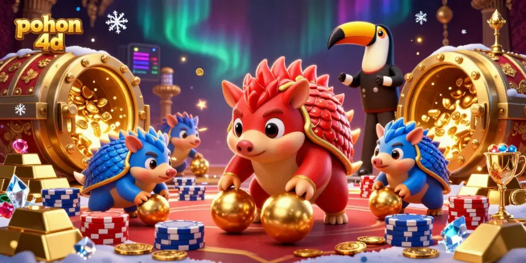 Pohon 4D showcases rival pangolins bowling through poker chips in a vibrant, luxurious casino scene full of gold and gems.