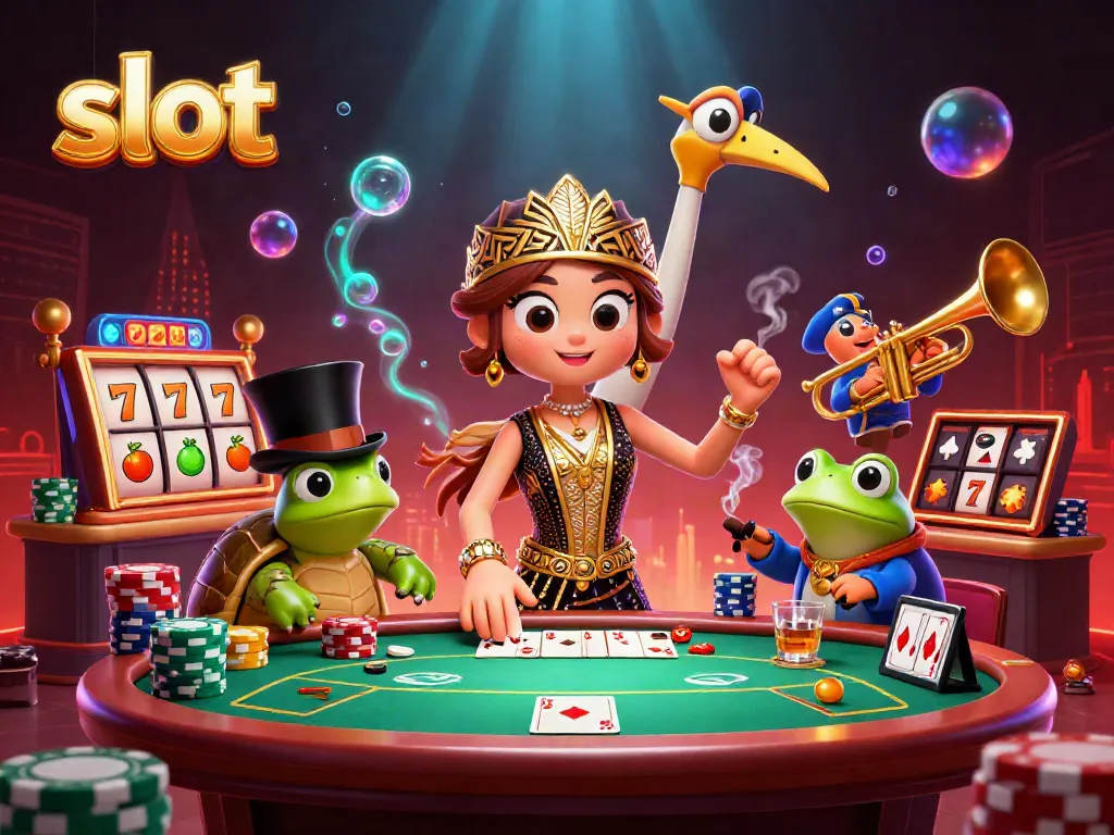 Experience thrilling slot action with a vibrant 3D illustration featuring dynamic casino characters and slot elements.
