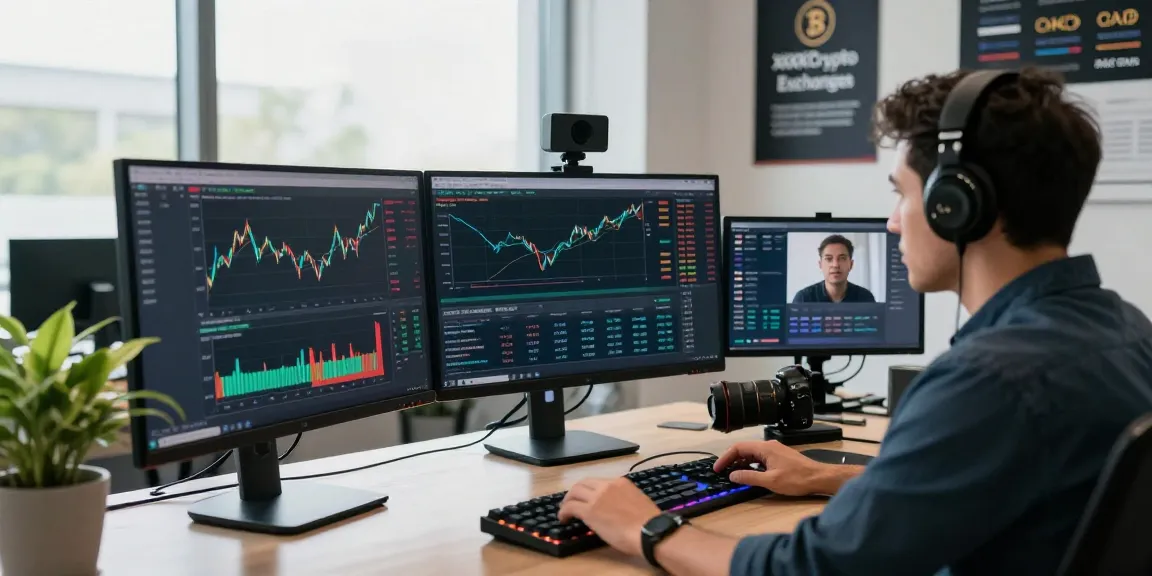 Trader engaged in cryptocurrency analysis for XXKK Crypto Exchange, showcasing modern office setup and dynamic market data