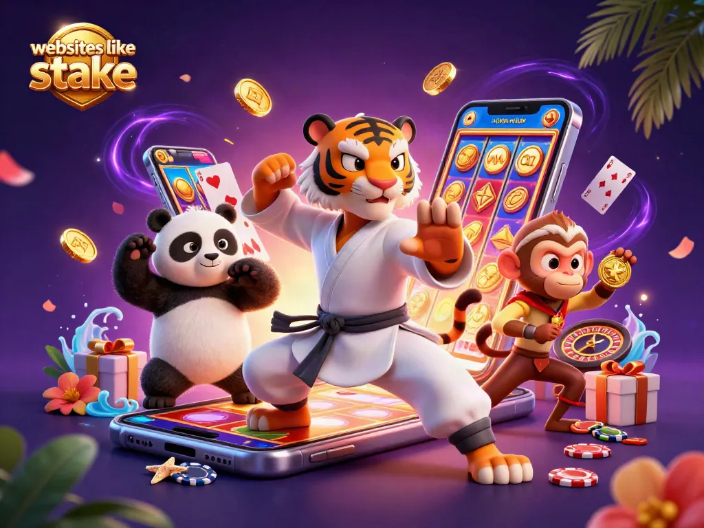 Explore websites like stake with a vibrant 3D casino illustration featuring engaging characters.