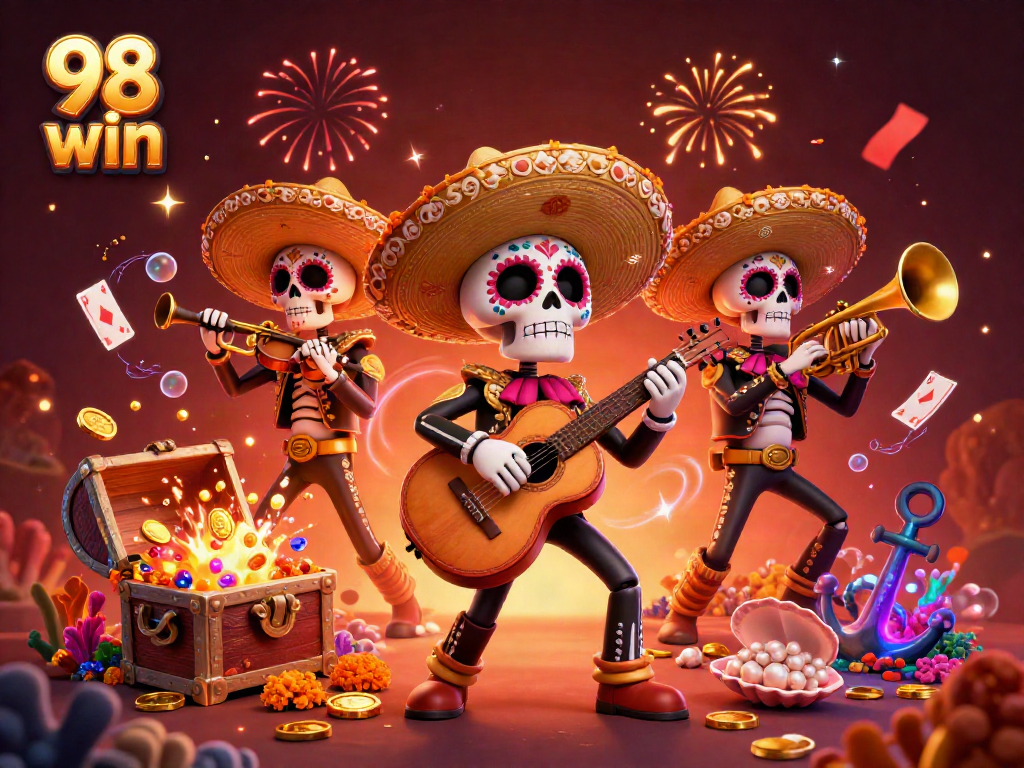 Win big with 98 win at this lively casino scene featuring Day of the Dead mariachis.