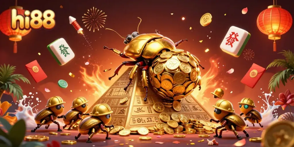 Experience thrilling gaming with hi88, showcasing an exuberant golden dung beetle and casino symbols.