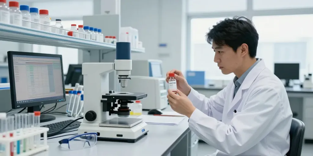 Scientist analyzing 5-Amino-1MQ for sale in a high-tech laboratory setting.