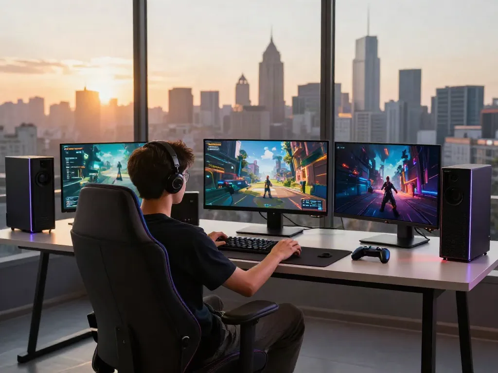 Engaged gamer in a luxury gaming setup with multiple screens showcasing the luxury12 link.