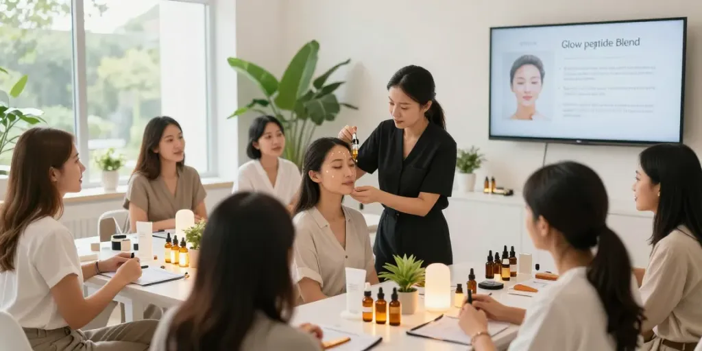 Participants learning to apply glow peptide for skincare benefits in a bright studio.