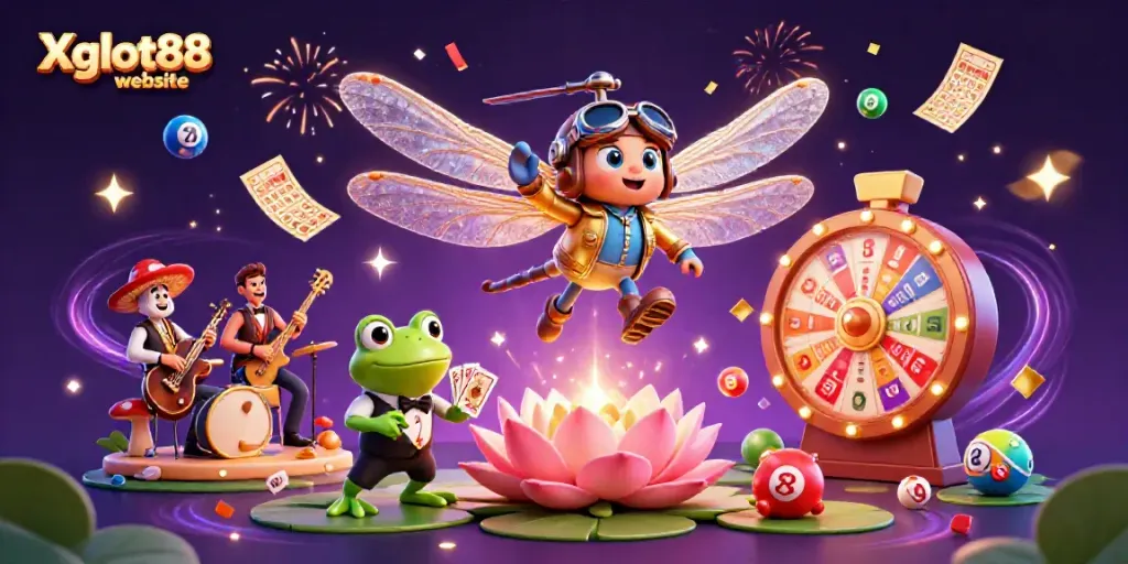 Menghadirkan suasana kasino dengan Xgslot88 website dalam ilustrasi 3D dengan karakter menarik dan elemen permainan.