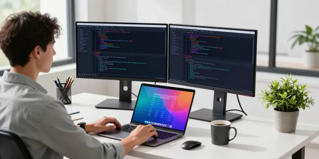 Developer integrating OpenAI-compatible API in a modern office setup, showcasing coding and productivity.