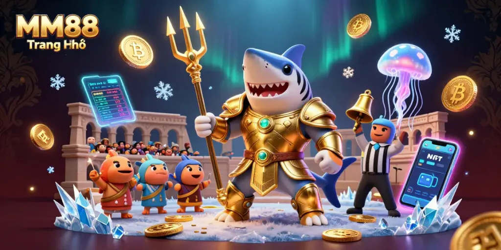 Experience the thrill of MM88 Trang Chủ with an underwater casino showdown featuring a tiger shark in armor.
