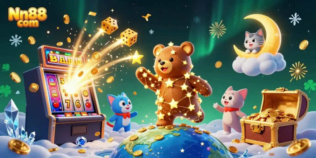Catch the excitement at Nn88 com with this vibrant 3D illustration representing a dynamic online gaming experience.