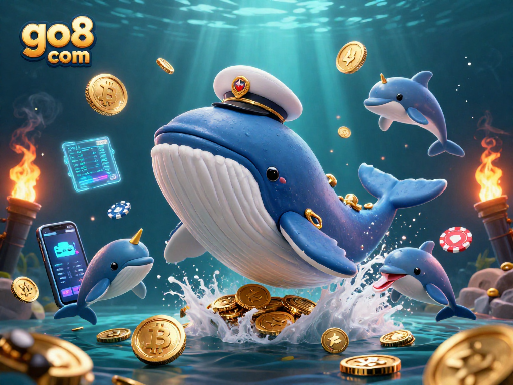 Win big at go8 com with vibrant 3D cartoon whales and dolphins in an animated casino scene.