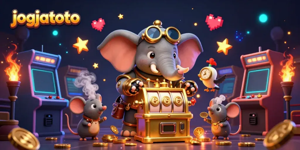 Play exciting games at jogjatoto with this vibrant 3D casino-themed scene featuring animated characters and golden slots.
