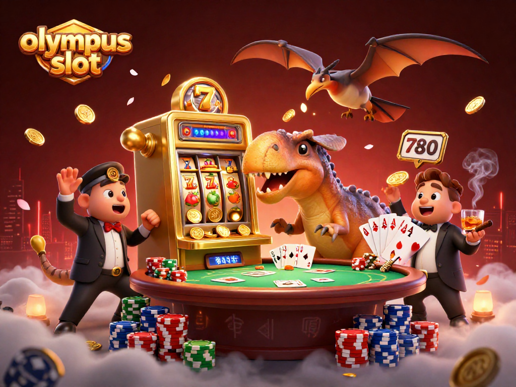Mainkan olympus slot dengan mesin slot berkilau dan dinosaurus lucu memukulkan kepala sambil menang jackpot.