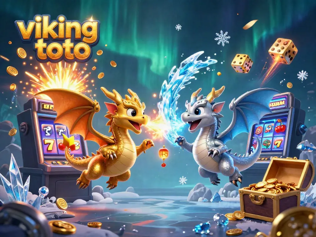 Engage in thrilling action with viking toto, as golden and silver dragons fly amidst jackpot slots and sparkling treasures.