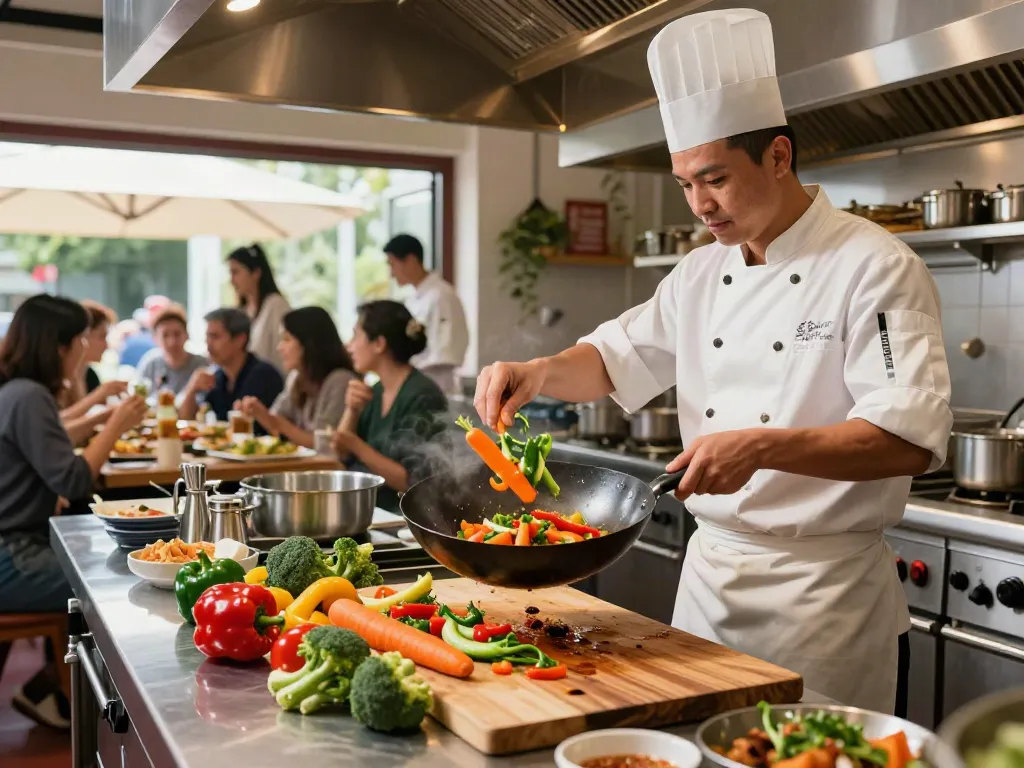 Dynamic kitchen scene at kinalyrestaurant.com with chefs preparing fresh dishes.
