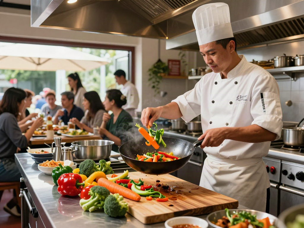 Dynamic kitchen scene at kinalyrestaurant.com with chefs preparing fresh dishes.