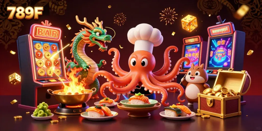 Experience the vibrant world of 789F with a sushi chef octopus, dragon, and tanuki amid a jackpot explosion.